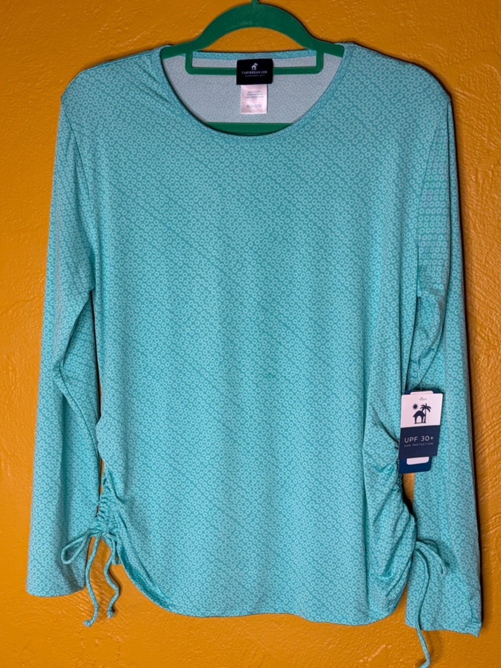 Caribbean Joe Mint & Floral Long-Sleeve UPF 30+ Swim Shirt w Ruched Side Ties